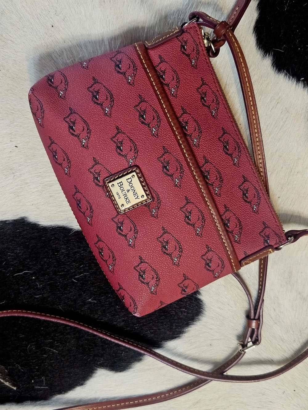 Dooney & Bourke Red LEATHER Crossbody Bag with Arkansas RAZORBACK print
